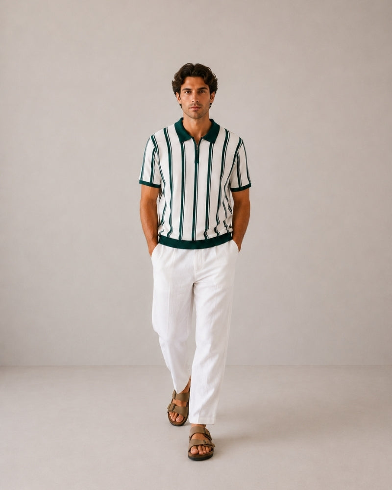 Men's Striped Half-Zip Knit Polo with Contrast Collar