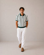 Men's Striped Half-Zip Knit Polo with Contrast Collar