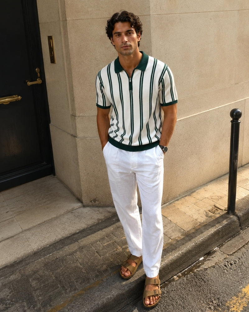 Men's Striped Half-Zip Knit Polo with Contrast Collar