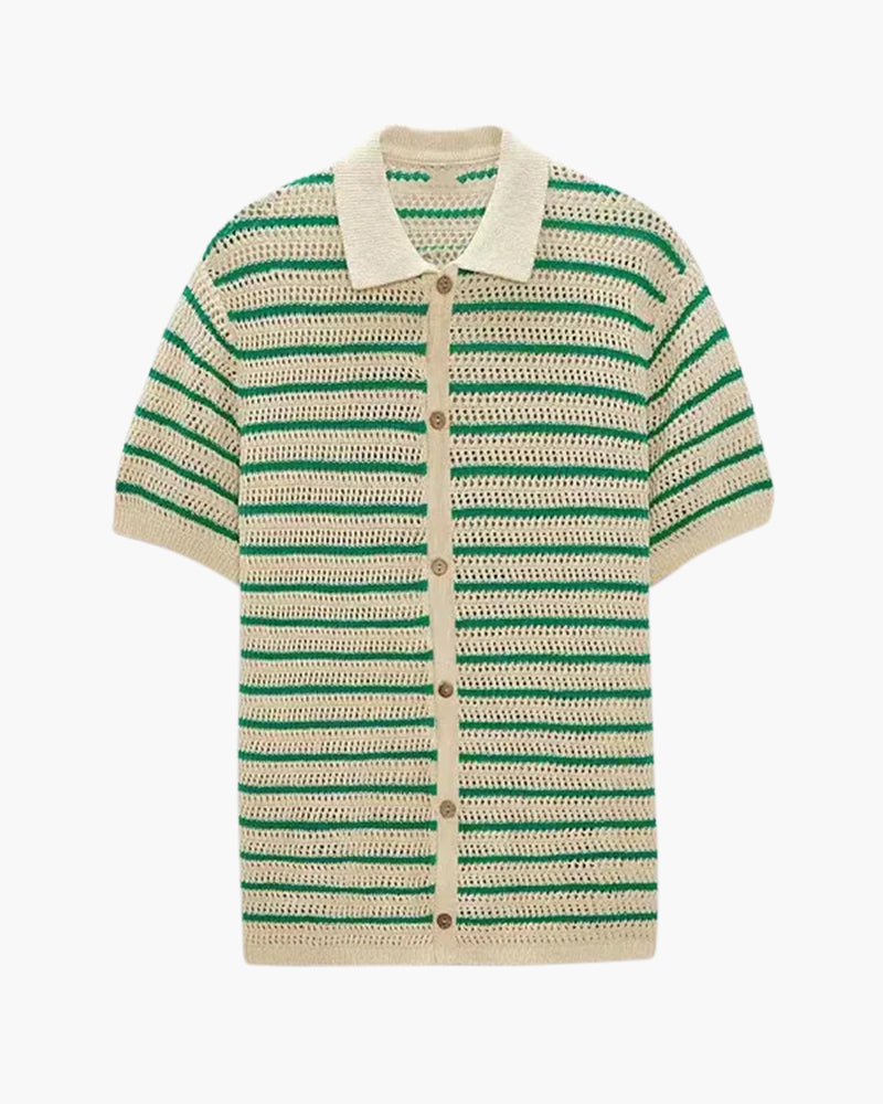 Men's Striped Knit Button Shirt with Camp Collar and Mesh Texture