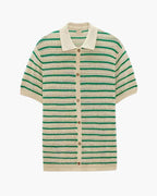 Men's Striped Knit Button Shirt with Camp Collar and Mesh Texture