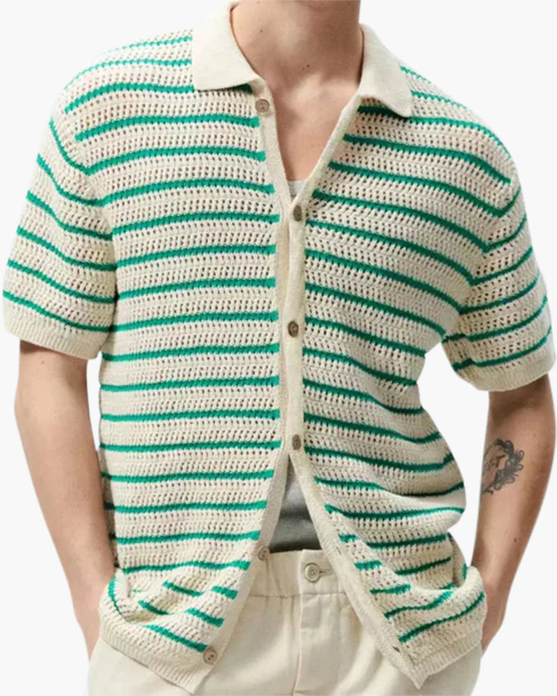 Men's Striped Knit Button Shirt with Camp Collar and Mesh Texture