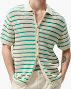 Men's Striped Knit Button Shirt with Camp Collar and Mesh Texture