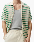 Men's Striped Knit Button Shirt with Camp Collar and Mesh Texture