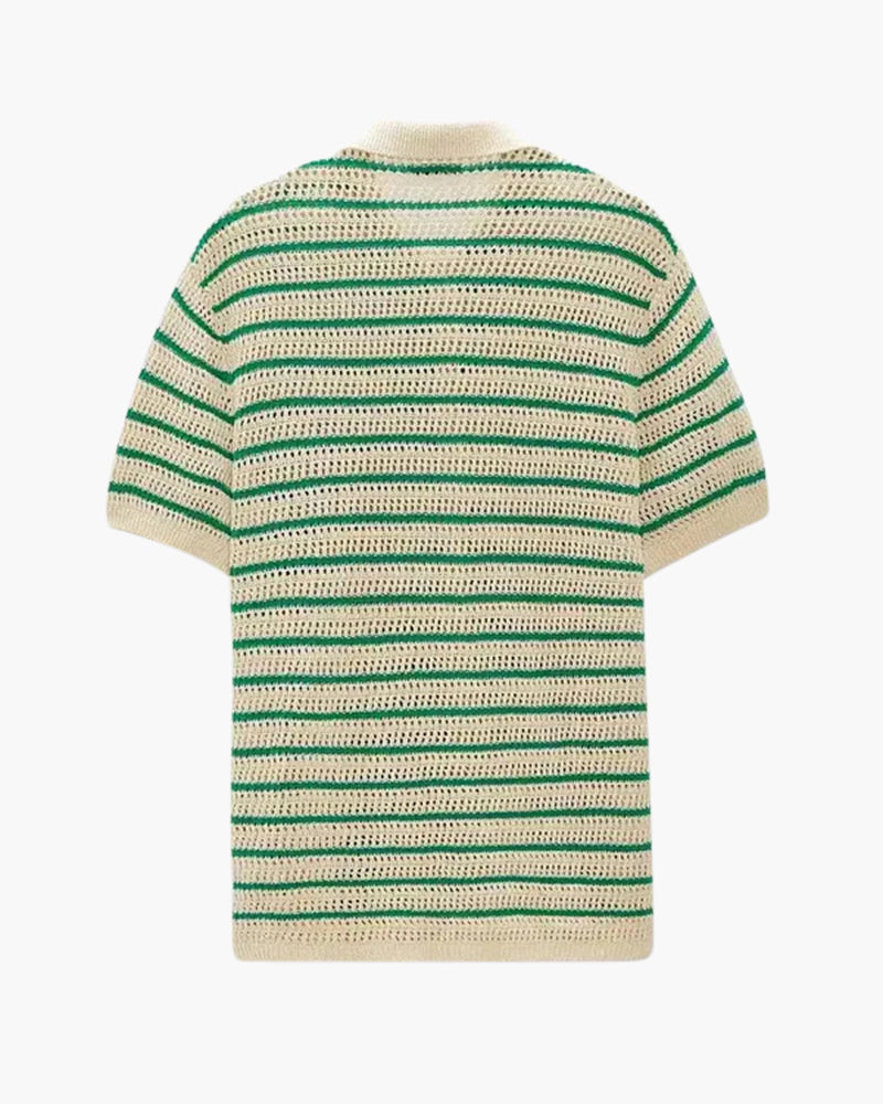 Men's Striped Knit Button Shirt with Camp Collar and Mesh Texture
