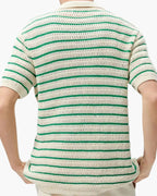 Men's Striped Knit Button Shirt with Camp Collar and Mesh Texture