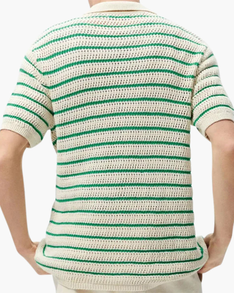 Men's Striped Knit Button Shirt with Camp Collar and Mesh Texture
