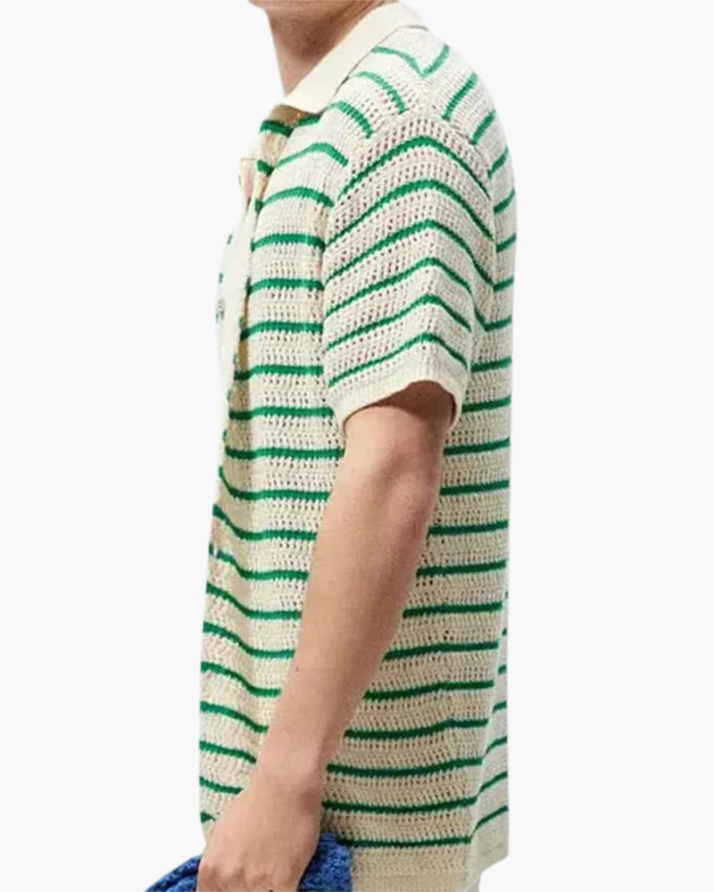 Men's Striped Knit Button Shirt with Camp Collar and Mesh Texture