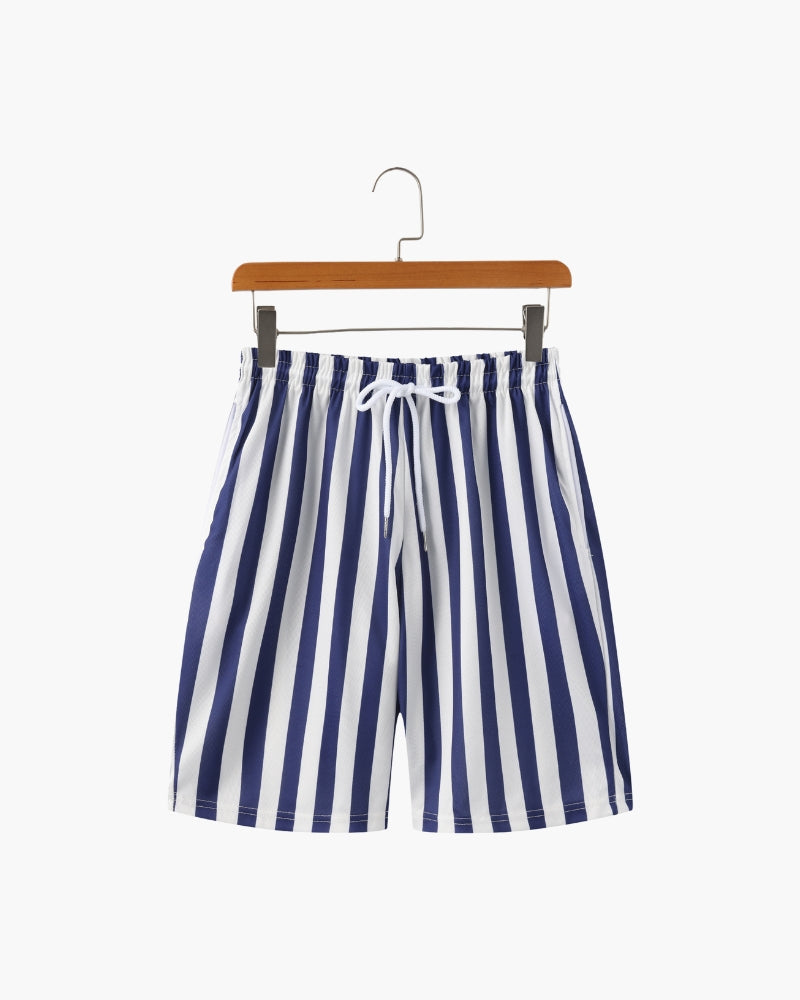 Men's Striped Swim Shorts with Drawstring Waistband - White
