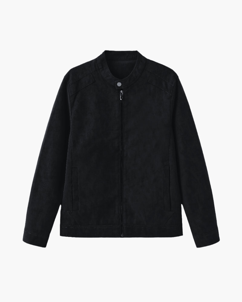 Men's Suede Jacket with Zip Front and Classic Collar - Black