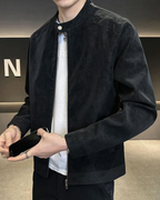 Men's Suede Jacket with Zip Front and Classic Collar