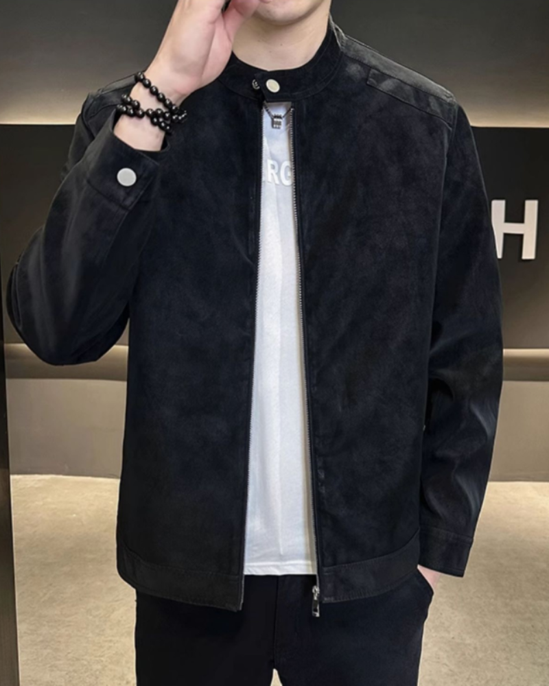 Men's Suede Jacket with Zip Front and Classic Collar