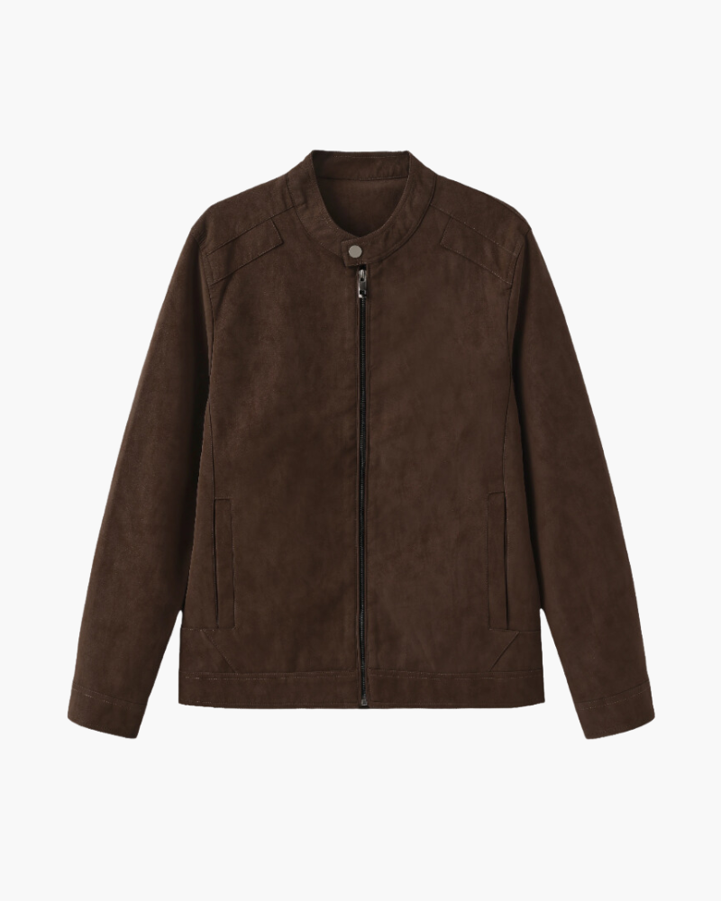 Men's Suede Jacket with Zip Front and Classic Collar - Brown