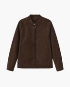 Men's Suede Jacket with Zip Front and Classic Collar - Brown