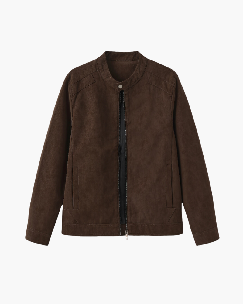Men's Suede Jacket with Zip Front and Classic Collar