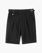 Men's Tailored Shorts with Side Buckle Adjusters and Pleats - Black