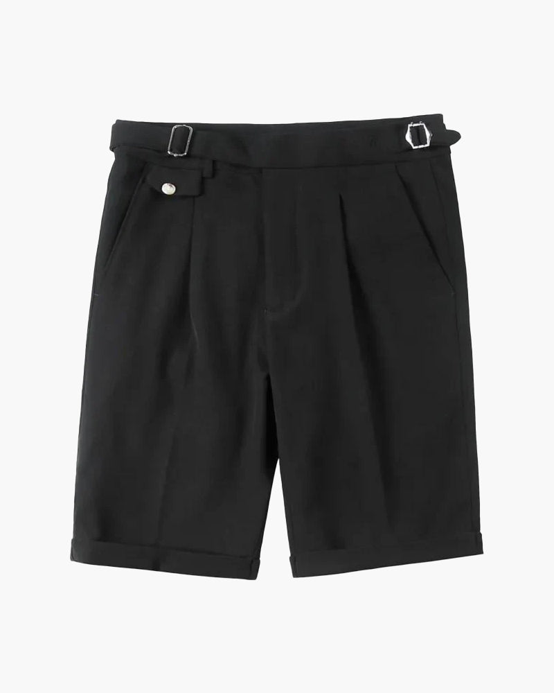 Men's Tailored Shorts with Side Buckle Adjusters and Pleats - Black