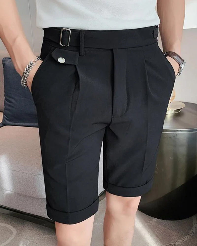 Men's Tailored Shorts with Side Buckle Adjusters and Pleats