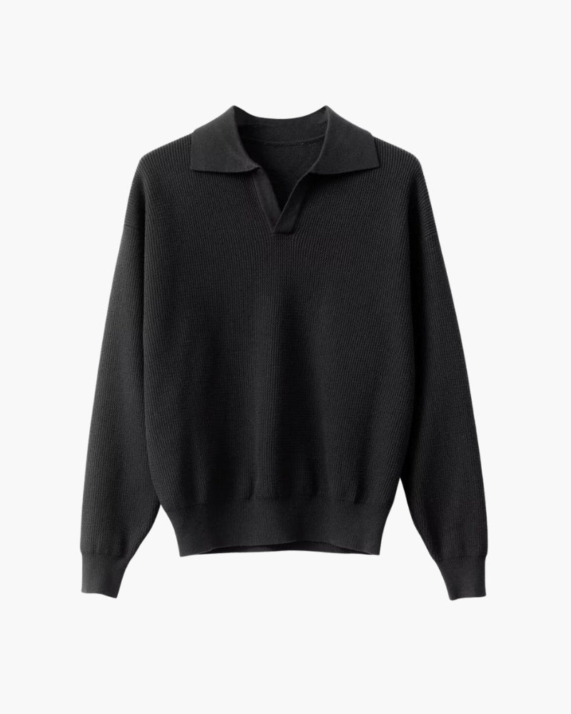 Men's Textured Knit Polo Sweater with Open Collar - Black
