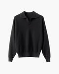 Men's Textured Knit Polo Sweater with Open Collar - Black
