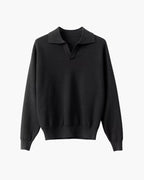 Men's Textured Knit Polo Sweater with Open Collar - Black