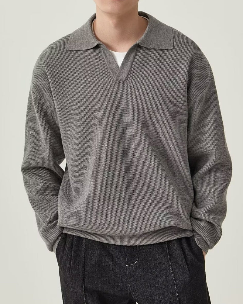 Men's Textured Knit Polo Sweater with Open Collar - Gray