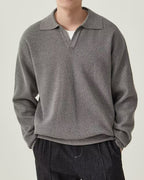Men's Textured Knit Polo Sweater with Open Collar - Gray