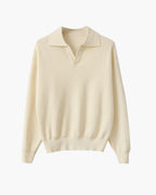 Men's Textured Knit Polo Sweater with Open Collar - Ivory