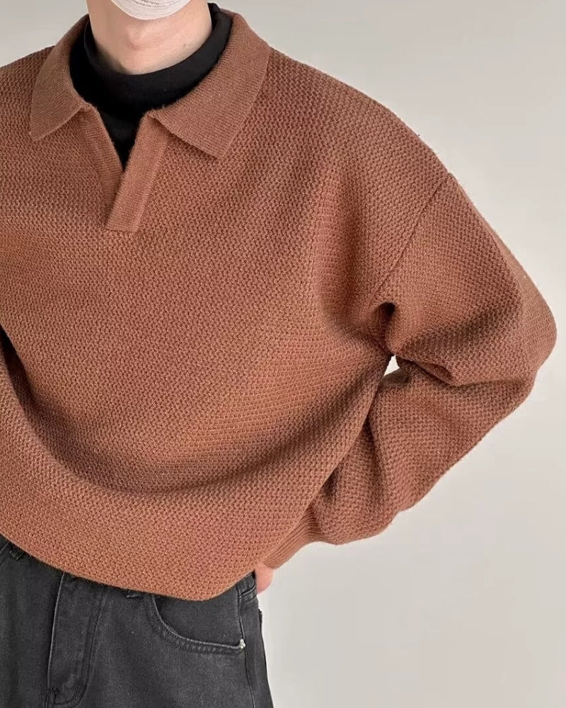 Men's Textured Knit Polo Sweater with Open Collar - Brown