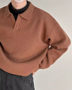 Men's Textured Knit Polo Sweater with Open Collar - Brown