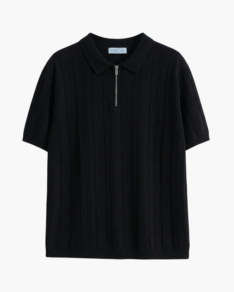 Men's Vertical Rib Knit Polo with Zip-Up Collar - Black
