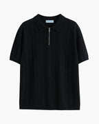 Men's Vertical Rib Knit Polo with Zip-Up Collar - Black