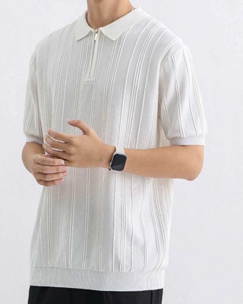 Men's Vertical Rib Knit Polo with Zip-Up Collar - White