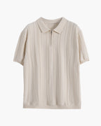 Men's Vertical Rib Knit Polo with Zip-Up Collar - Beige