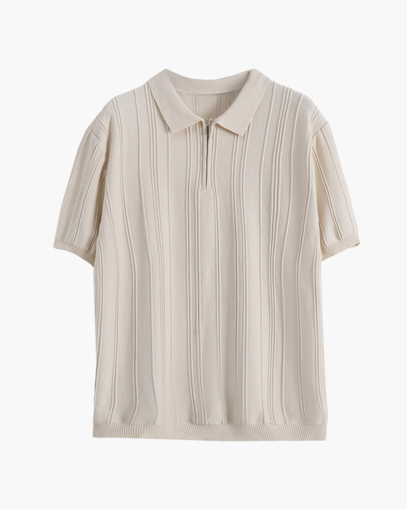 Men's Vertical Rib Knit Polo with Zip-Up Collar - Beige
