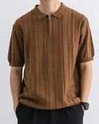 Men's Vertical Rib Knit Polo with Zip-Up Collar - Brown