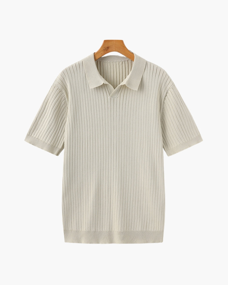 Men's Vertical Ribbed Knit Polo with Relaxed Fit - Beige