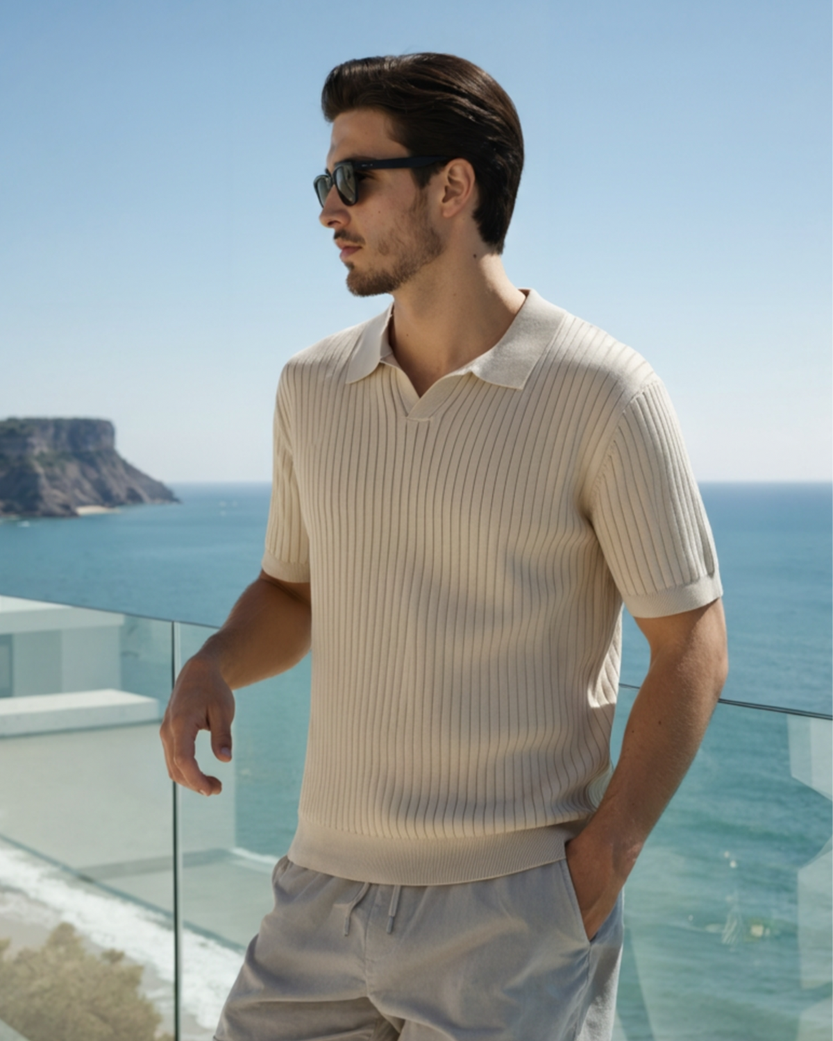 Men's Vertical Ribbed Knit Polo with Relaxed Fit