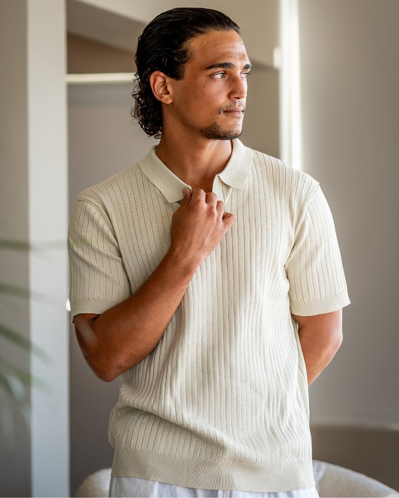Men's Vertical Ribbed Knit Polo with Relaxed Fit
