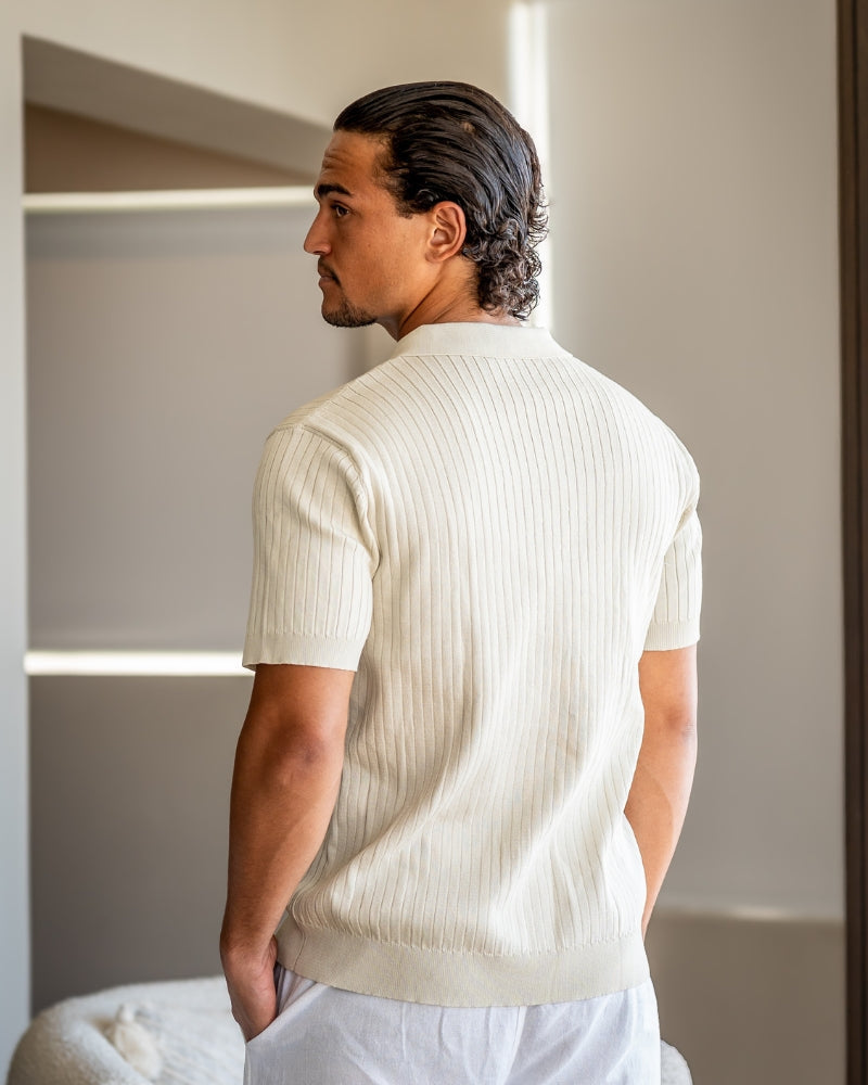 Men's Vertical Ribbed Knit Polo with Relaxed Fit