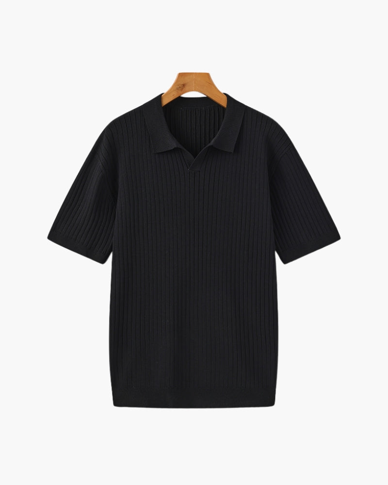 Men's Vertical Ribbed Knit Polo with Relaxed Fit - Black