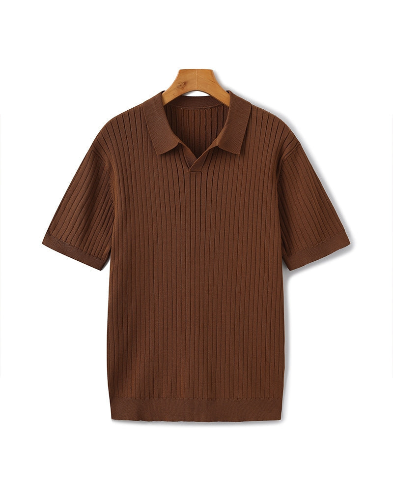 Men's Vertical Ribbed Knit Polo with Relaxed Fit - Brown