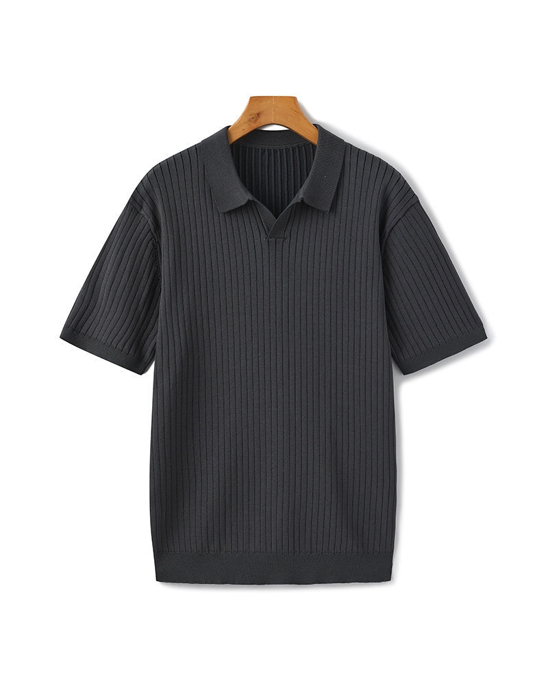 Men's Vertical Ribbed Knit Polo with Relaxed Fit - Gray