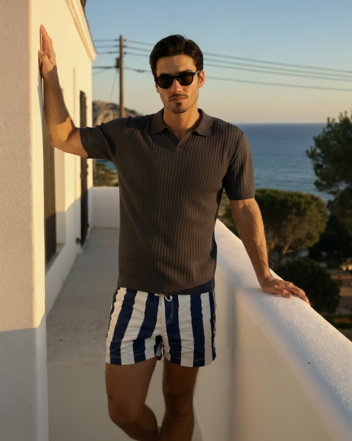 Men's Vertical Ribbed Knit Polo with Relaxed Fit