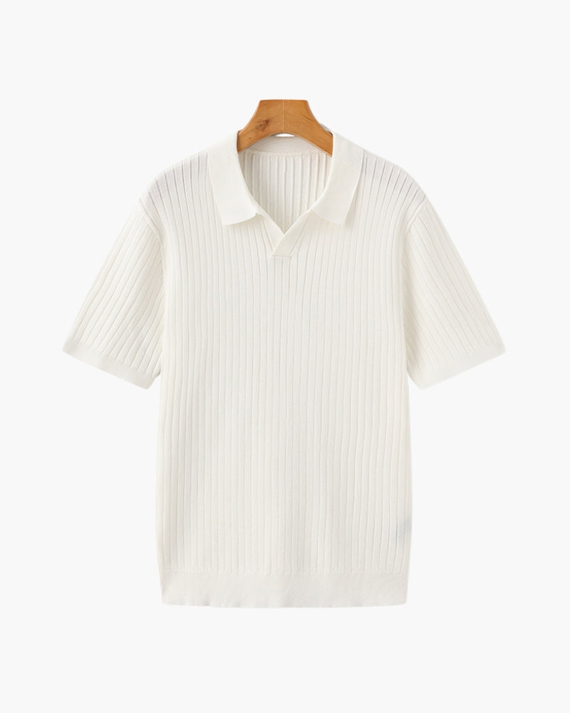 Men's Vertical Ribbed Knit Polo with Relaxed Fit - Ivory