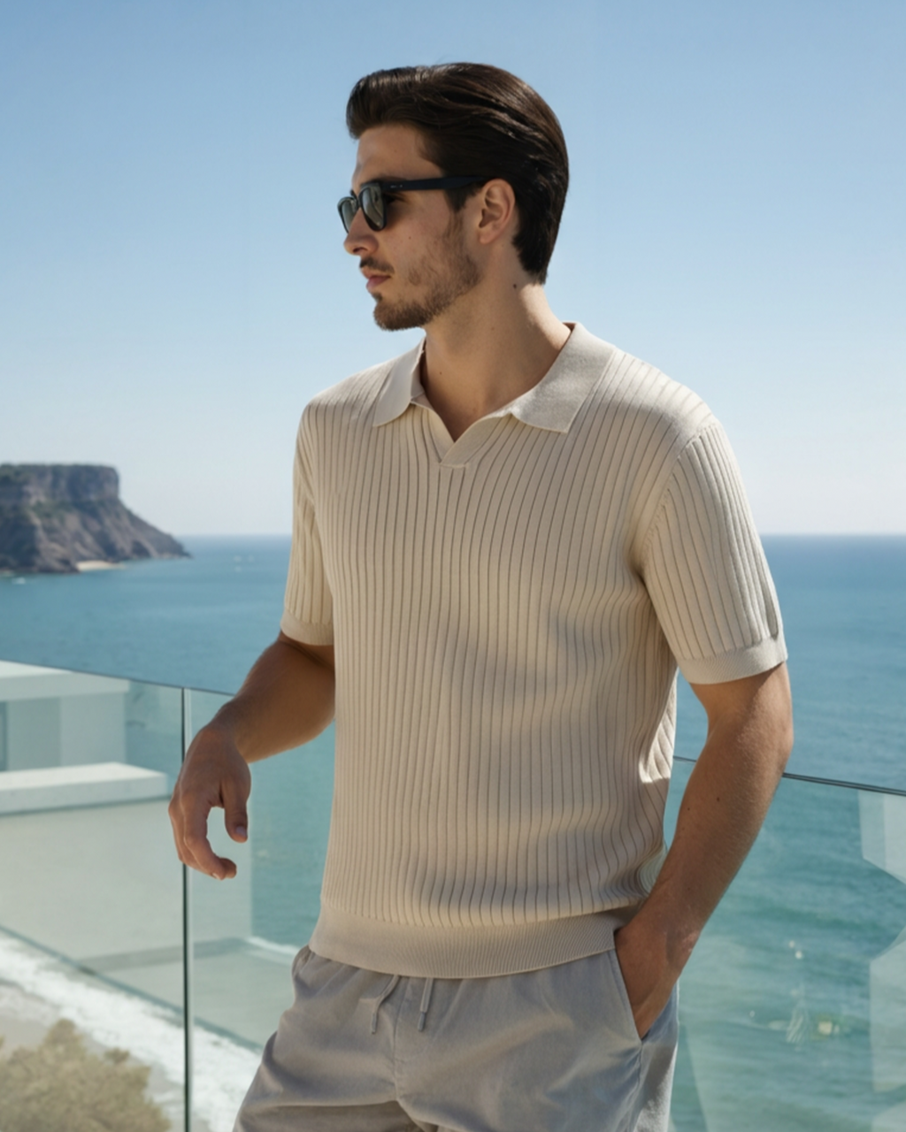 Men's Vertical Ribbed Knit Polo with Relaxed Fit