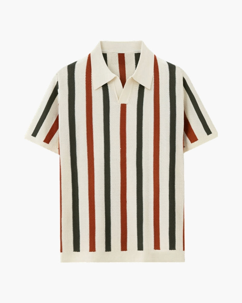 Men's Vertical Stripe Knit Polo with Open Camp Collar