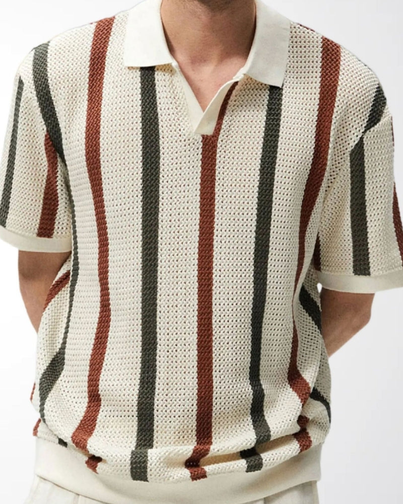 Men's Vertical Stripe Knit Polo with Open Camp Collar
