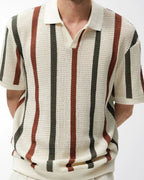 Men's Vertical Stripe Knit Polo with Open Camp Collar