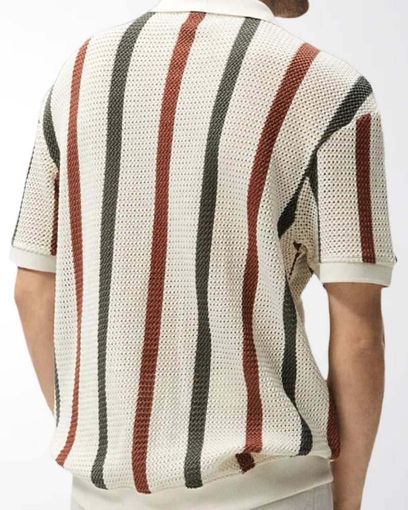 Men's Vertical Stripe Knit Polo with Open Camp Collar